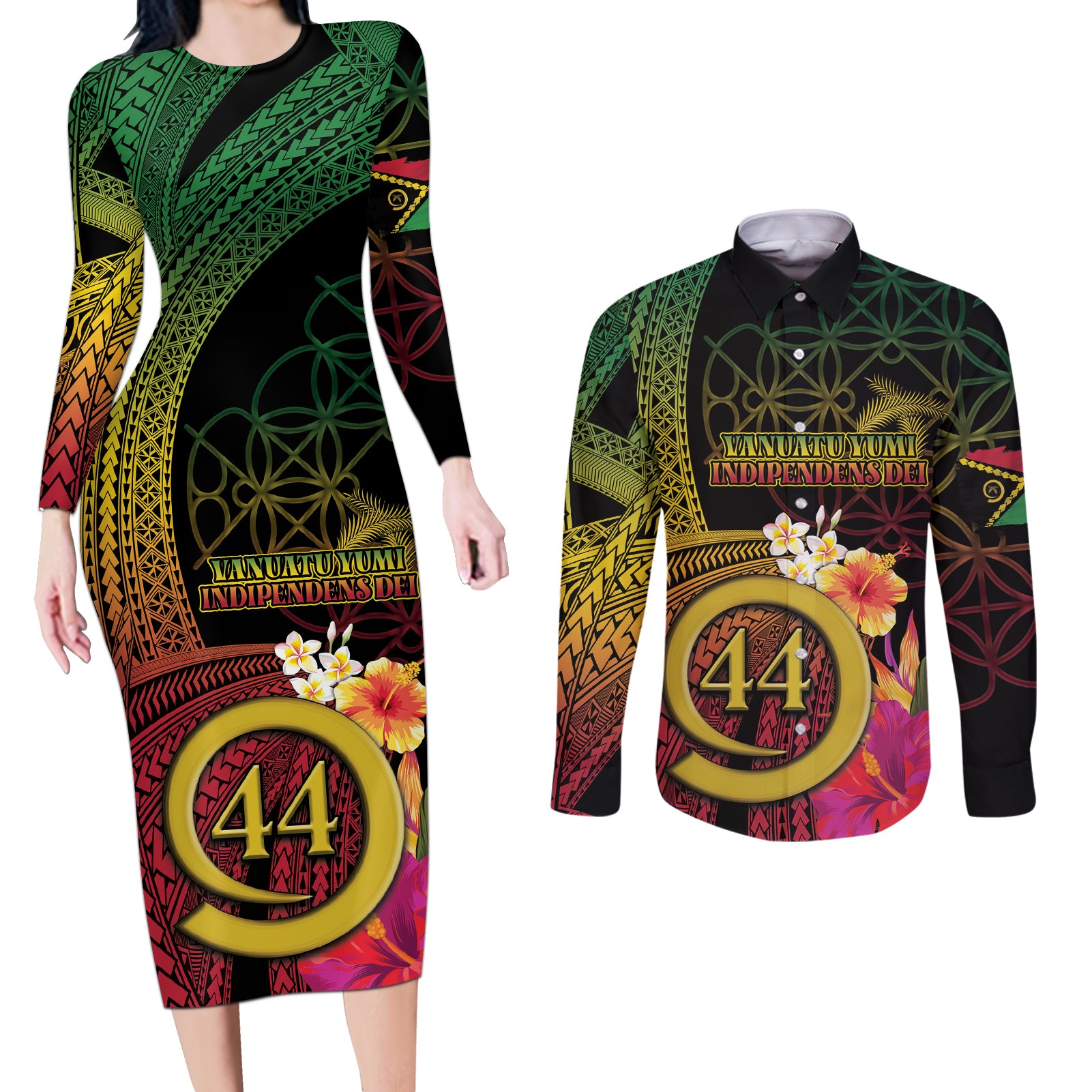 Vanuatu Selebretem 44th Indipendens Dei Couples Matching Long Sleeve Bodycon Dress and Long Sleeve Button Shirt Sand Drawing Melanesian Vibes