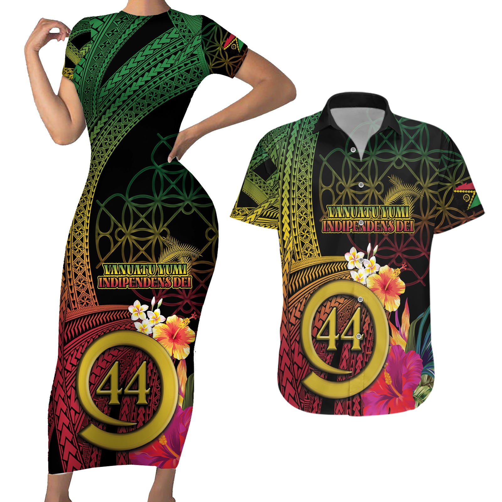 Vanuatu Selebretem 44th Indipendens Dei Couples Matching Short Sleeve Bodycon Dress and Hawaiian Shirt Sand Drawing Melanesian Vibes LT03 Black - Polynesian Pride