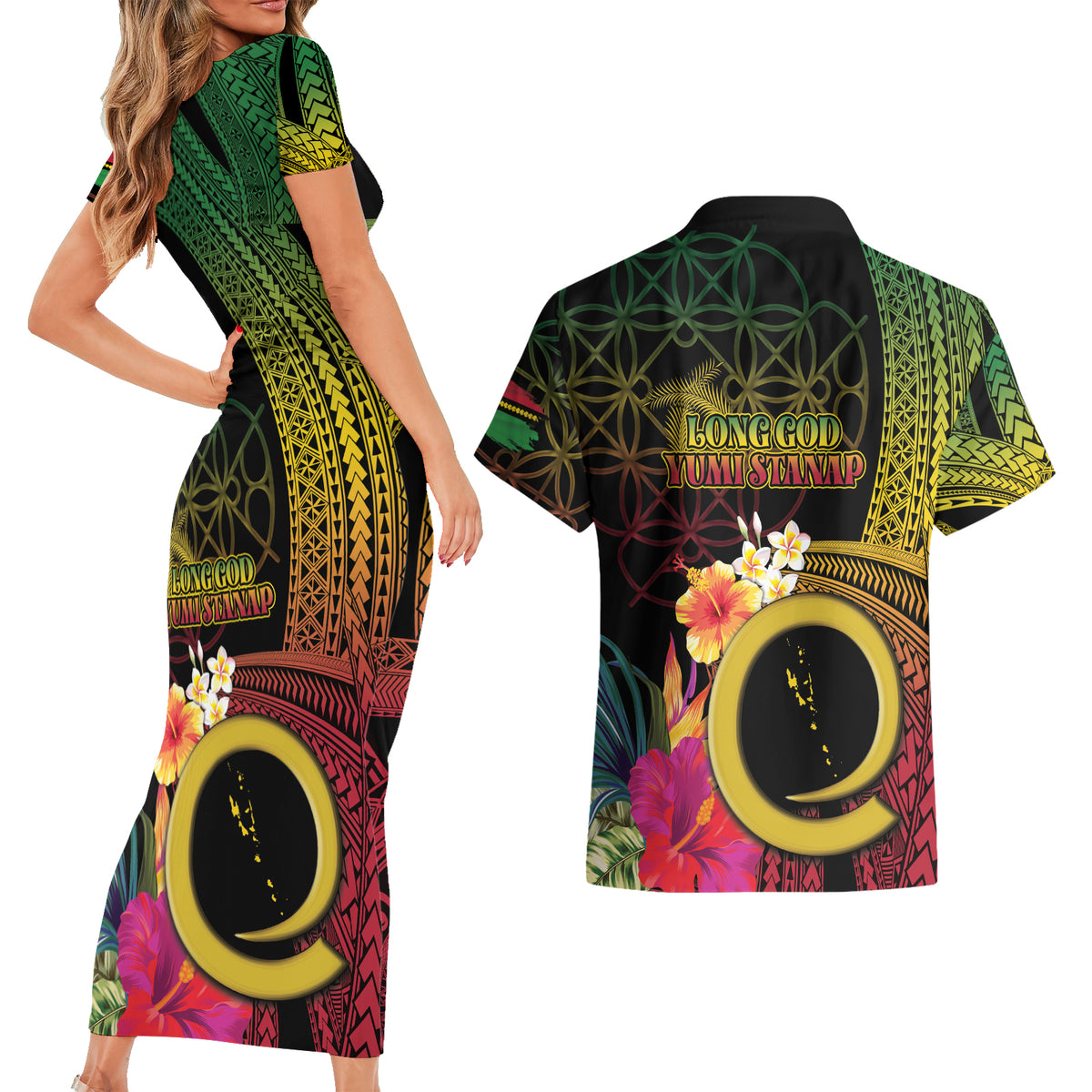 Vanuatu Selebretem 44th Indipendens Dei Couples Matching Short Sleeve Bodycon Dress and Hawaiian Shirt Sand Drawing Melanesian Vibes LT03 - Polynesian Pride