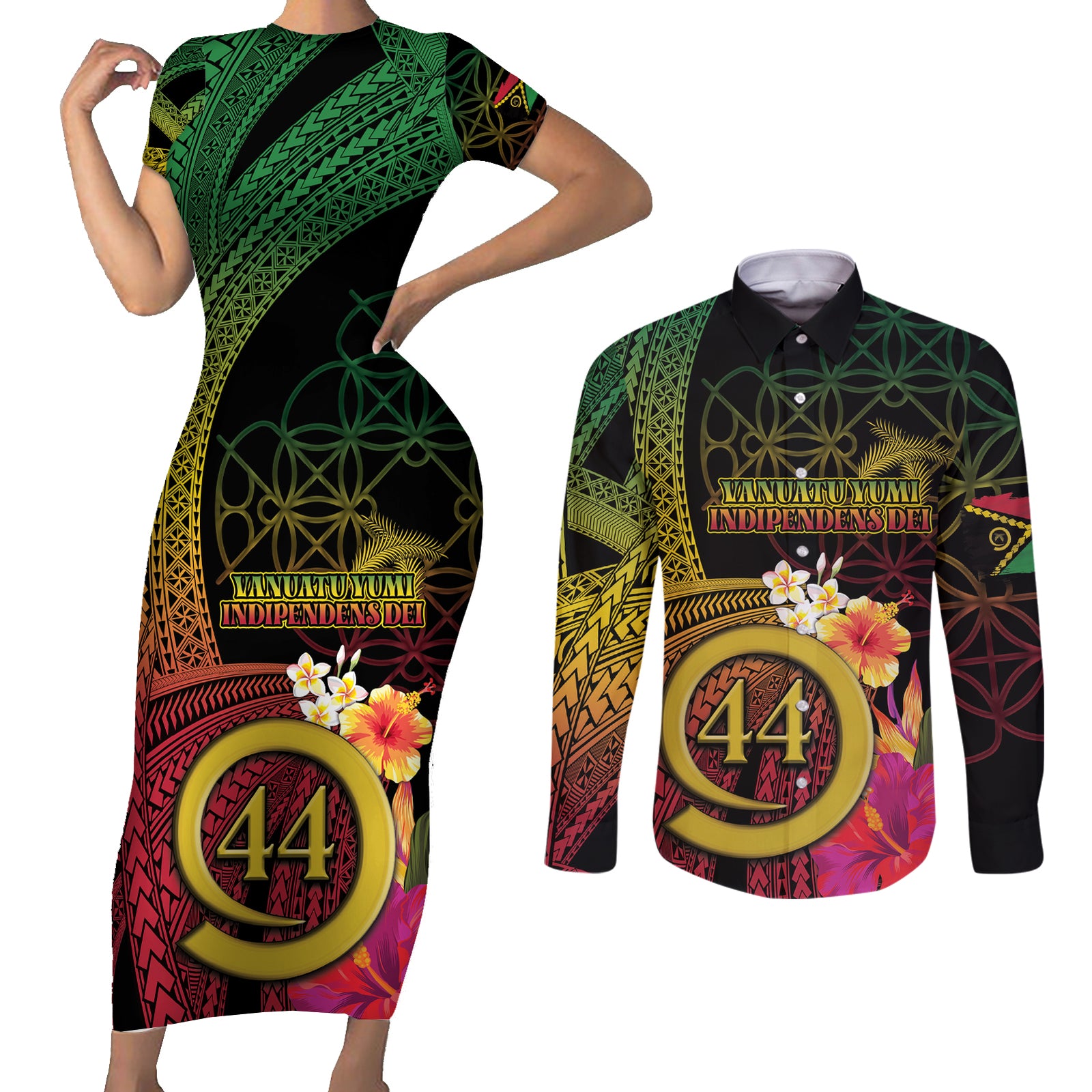 Vanuatu Selebretem 44th Indipendens Dei Couples Matching Short Sleeve Bodycon Dress and Long Sleeve Button Shirt Sand Drawing Melanesian Vibes LT03 Black - Polynesian Pride
