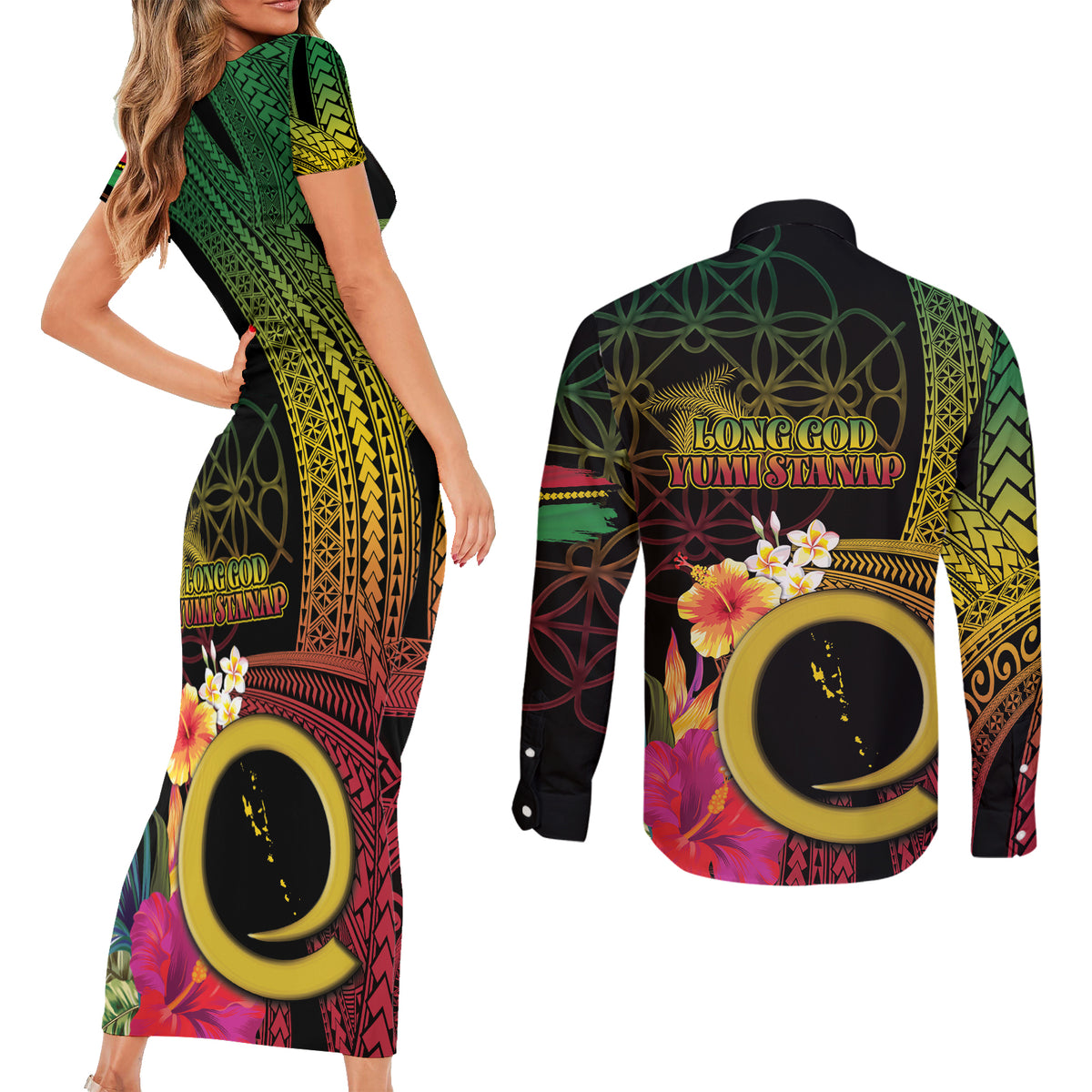 Vanuatu Selebretem 44th Indipendens Dei Couples Matching Short Sleeve Bodycon Dress and Long Sleeve Button Shirt Sand Drawing Melanesian Vibes