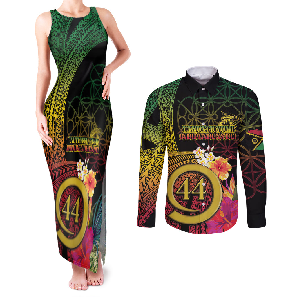 Vanuatu Selebretem 44th Indipendens Dei Couples Matching Tank Maxi Dress and Long Sleeve Button Shirt Sand Drawing Melanesian Vibes LT03 Black - Polynesian Pride