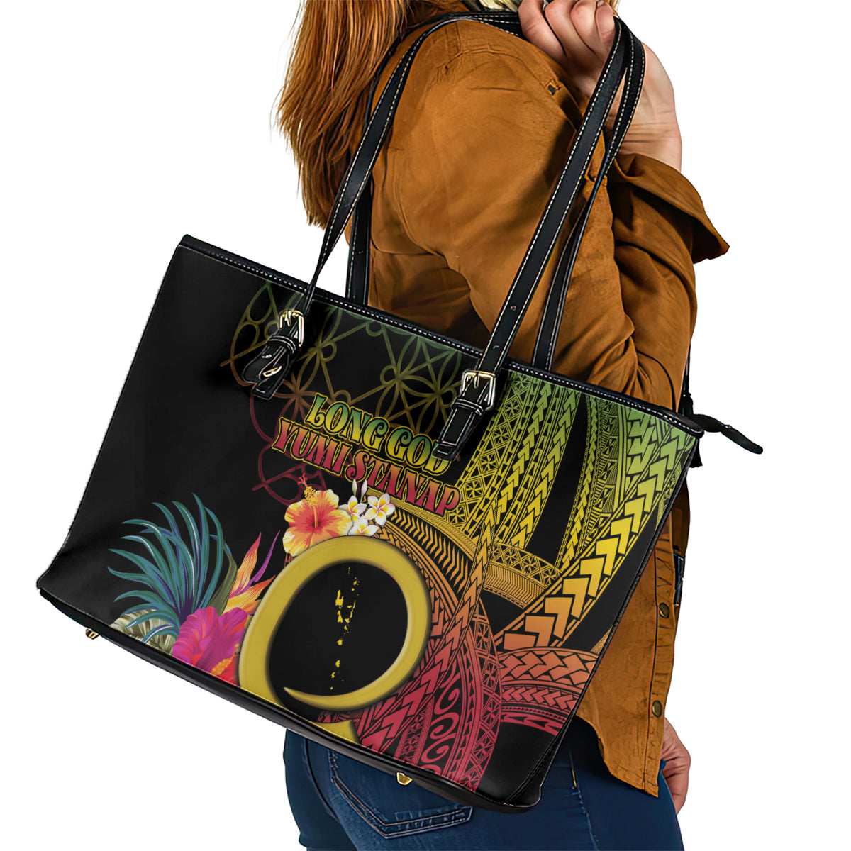 Vanuatu Selebretem 44th Indipendens Dei Leather Tote Bag Sand Drawing Melanesian Vibes