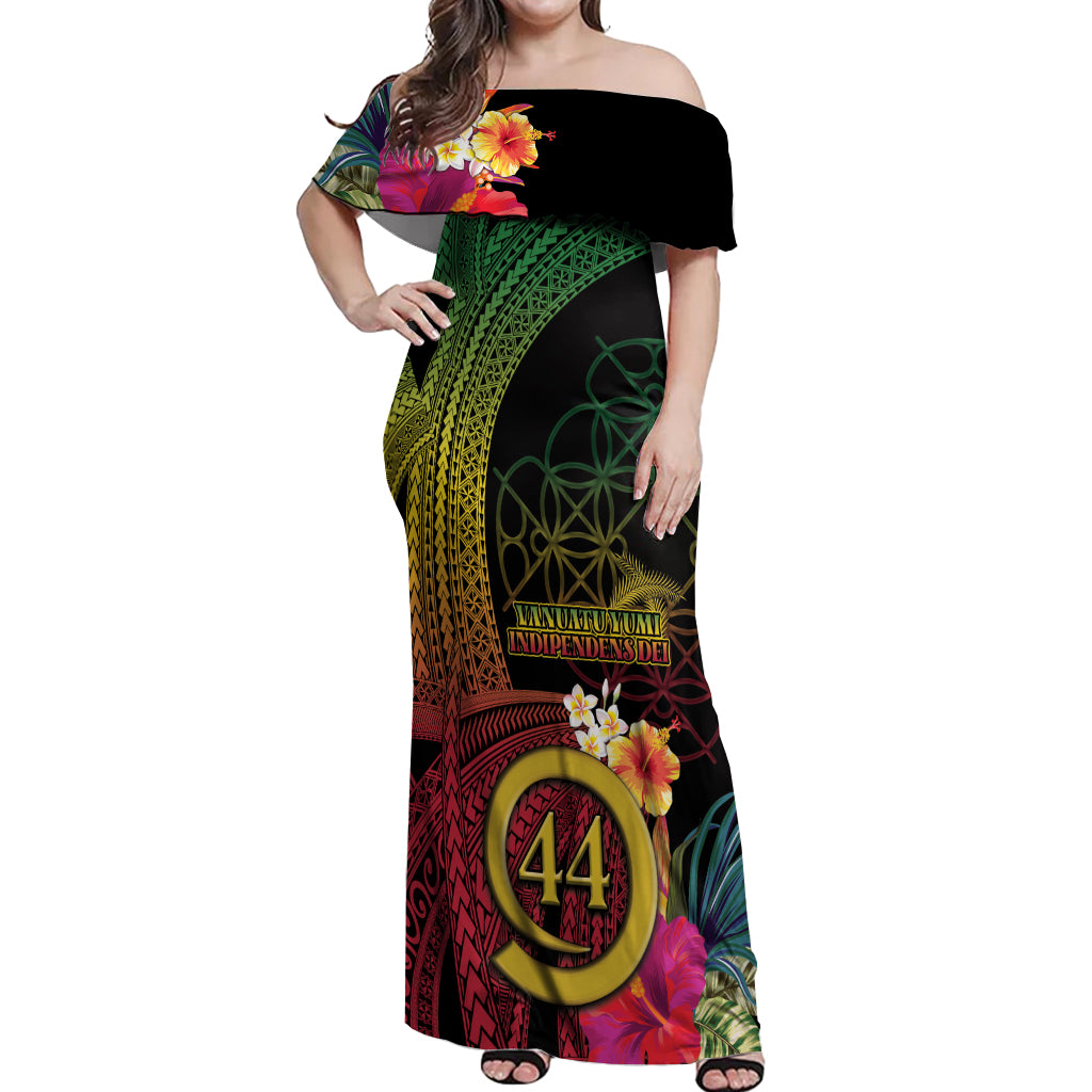 Vanuatu Selebretem 44th Indipendens Dei Off Shoulder Maxi Dress Sand Drawing Melanesian Vibes LT03 Women Black - Polynesian Pride
