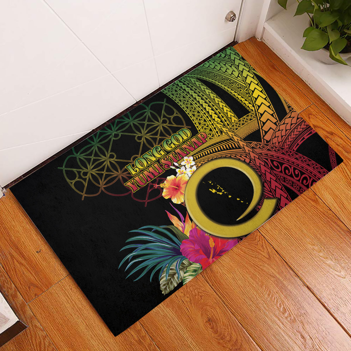 Vanuatu Selebretem 44th Indipendens Dei Rubber Doormat Sand Drawing Melanesian Vibes LT03 Black - Polynesian Pride