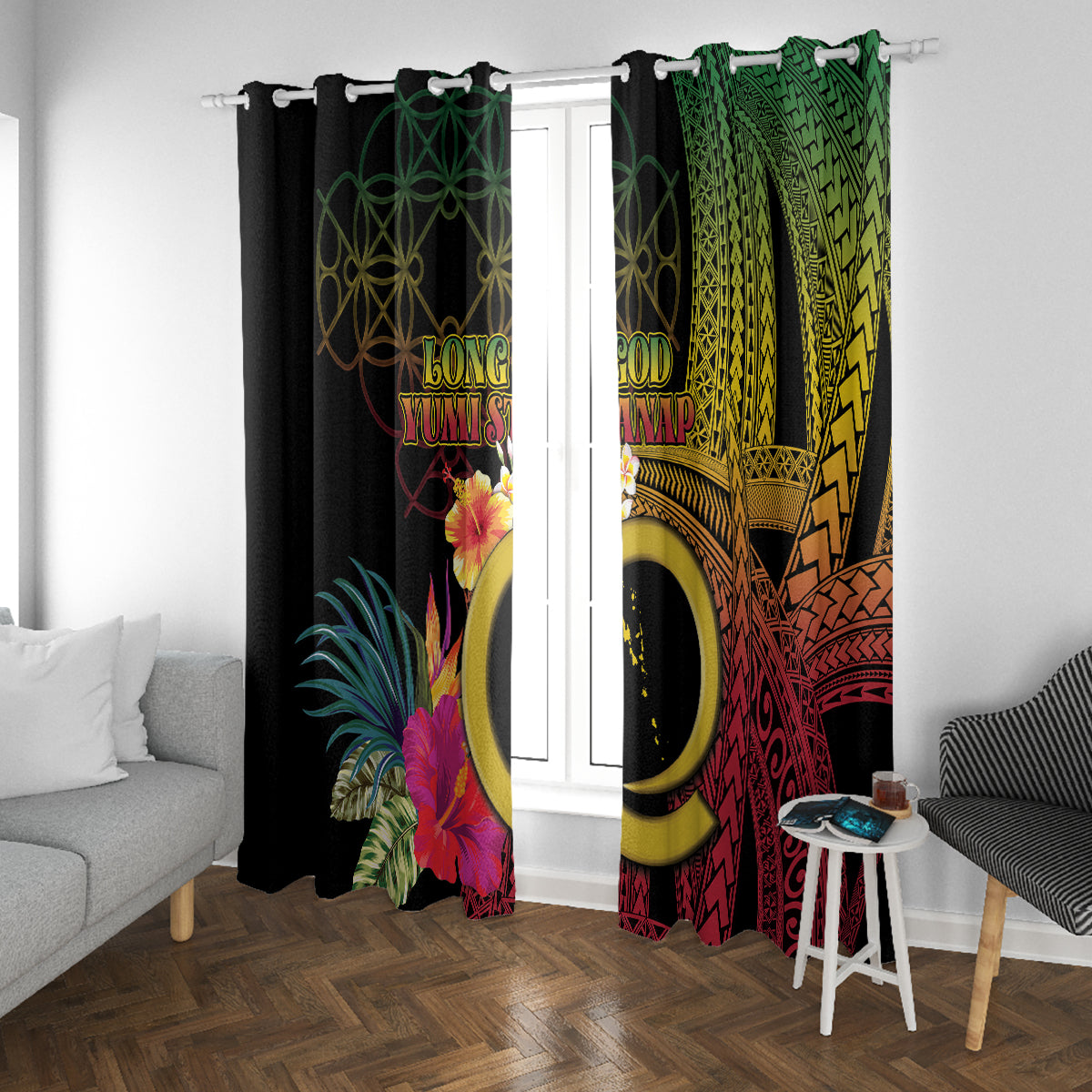 Vanuatu Selebretem 44th Indipendens Dei Window Curtain Sand Drawing Melanesian Vibes LT03 With Grommets Black - Polynesian Pride