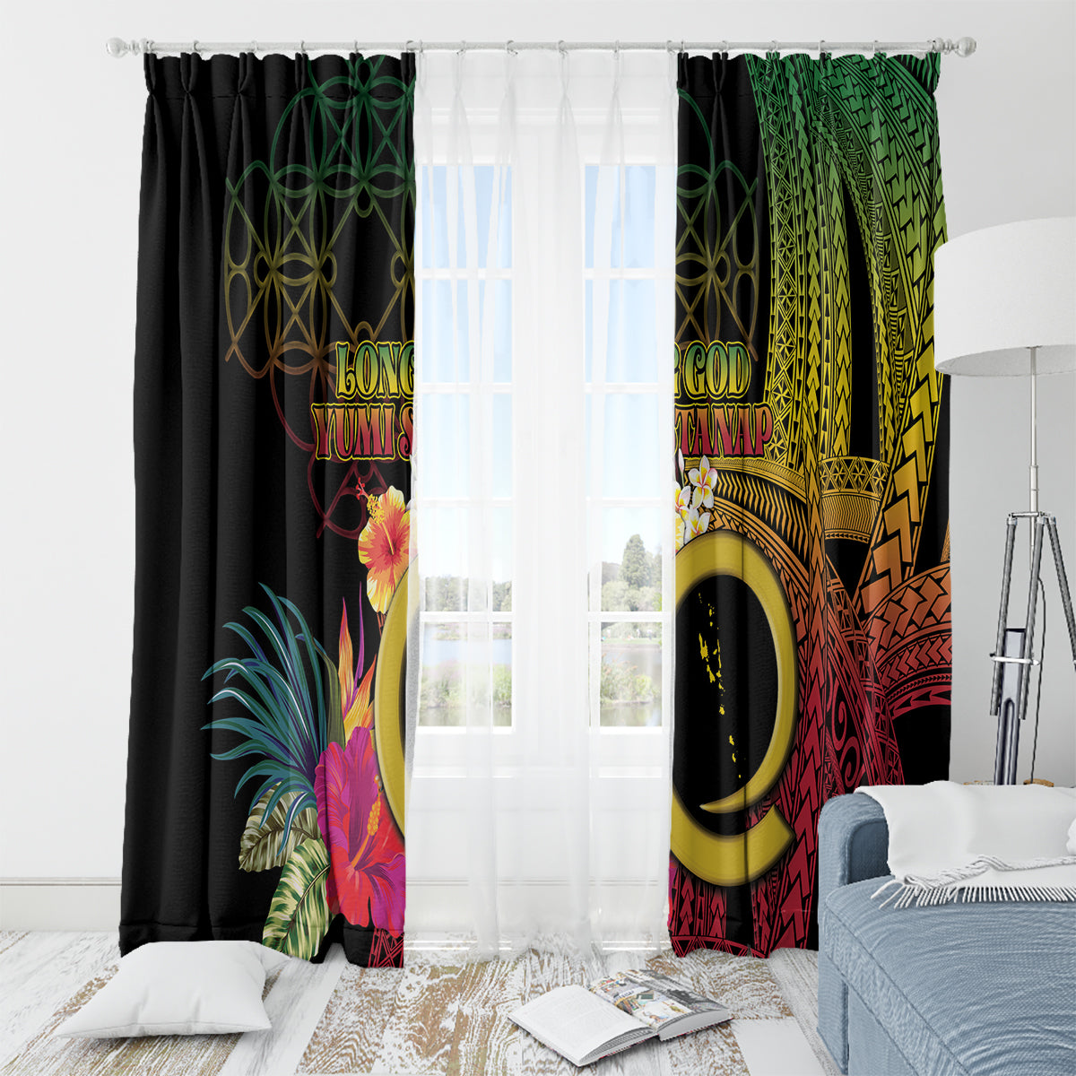 Vanuatu Selebretem 44th Indipendens Dei Window Curtain Sand Drawing Melanesian Vibes LT03 - Polynesian Pride