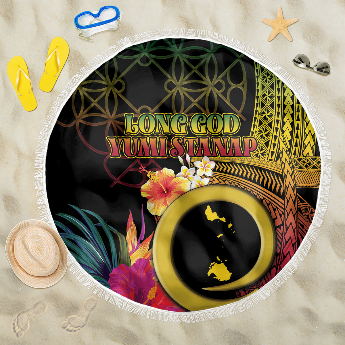 Vanuatu Shefa Day Beach Blanket Sand Drawing Melanesian LT03 One Size 150cm Black - Polynesian Pride