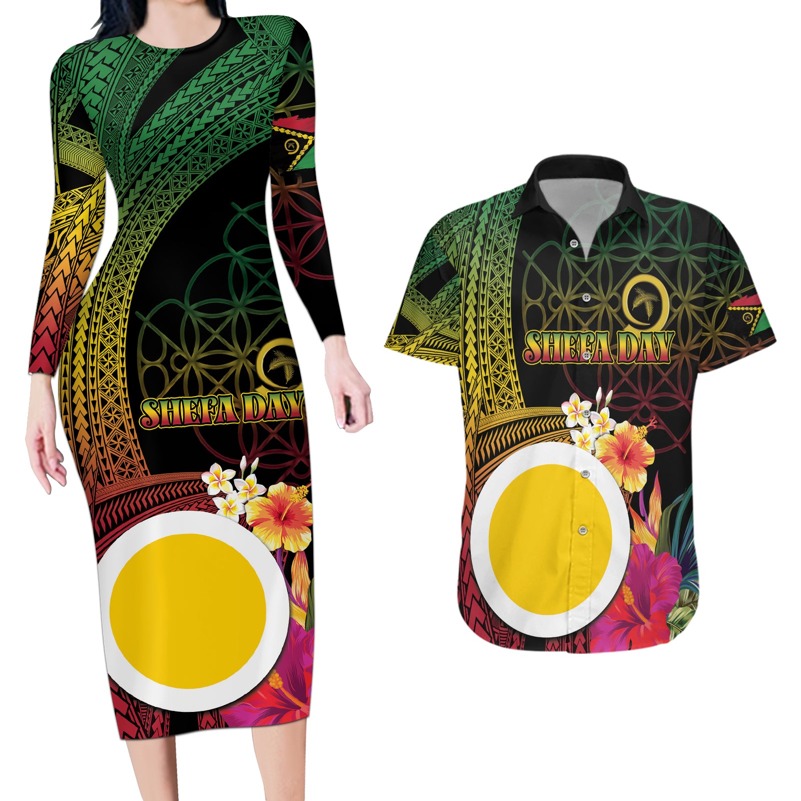 Vanuatu Shefa Day Couples Matching Long Sleeve Bodycon Dress and Hawaiian Shirt Sand Drawing Melanesian LT03 Black - Polynesian Pride