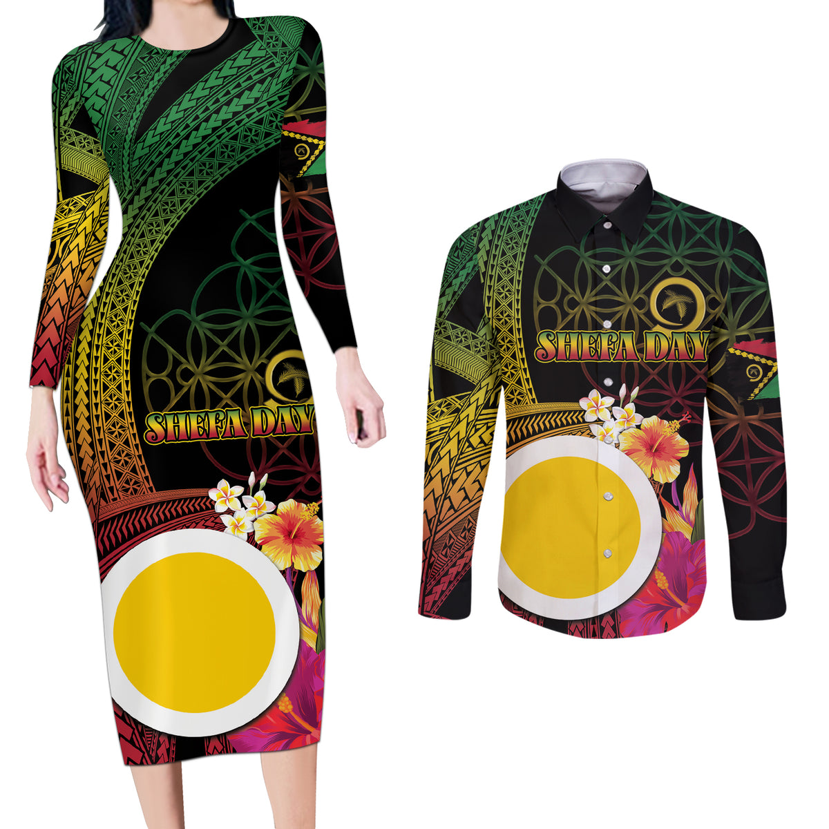 Vanuatu Shefa Day Couples Matching Long Sleeve Bodycon Dress and Long Sleeve Button Shirt Sand Drawing Melanesian LT03 Black - Polynesian Pride