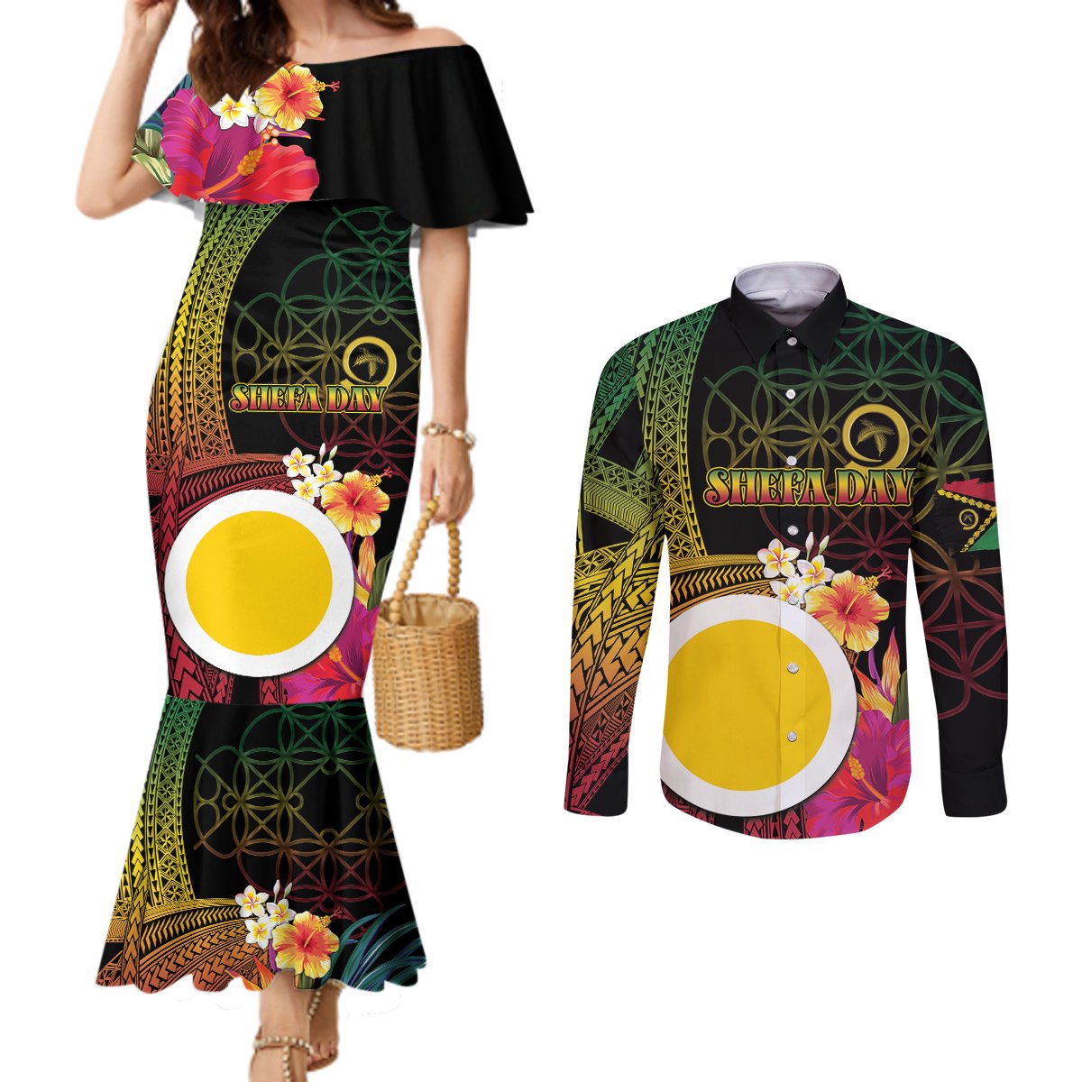 Vanuatu Shefa Day Couples Matching Mermaid Dress and Long Sleeve Button Shirt Sand Drawing Melanesian LT03 Black - Polynesian Pride