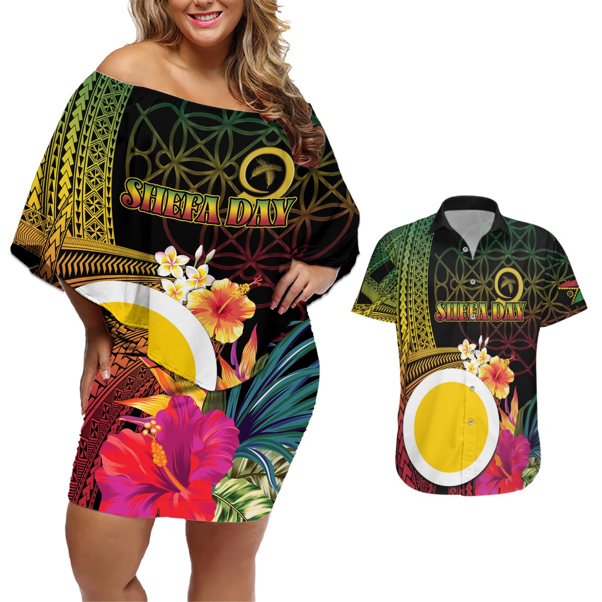Vanuatu Shefa Day Couples Matching Off Shoulder Short Dress and Hawaiian Shirt Sand Drawing Melanesian LT03 Black - Polynesian Pride