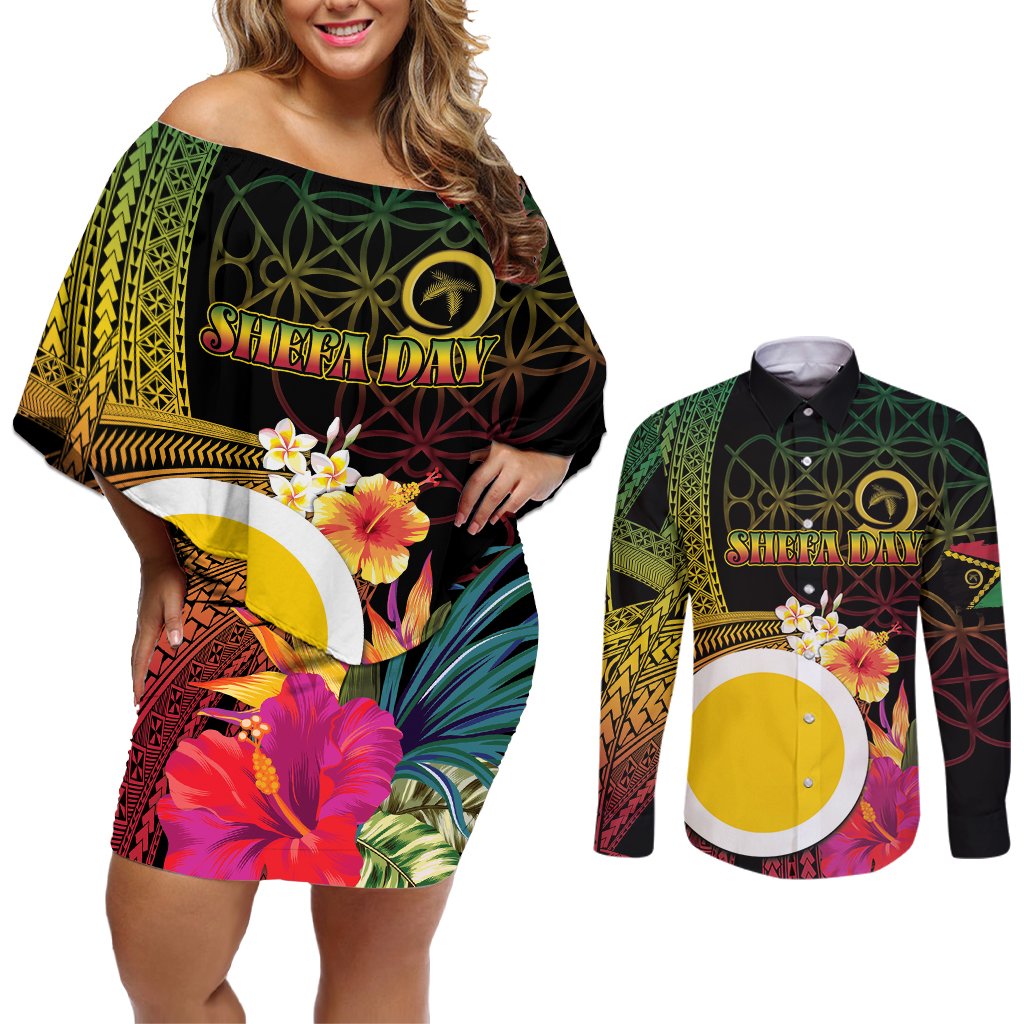 Vanuatu Shefa Day Couples Matching Off Shoulder Short Dress and Long Sleeve Button Shirt Sand Drawing Melanesian LT03 Black - Polynesian Pride