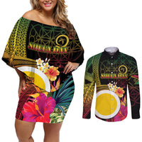 Vanuatu Shefa Day Couples Matching Off Shoulder Short Dress and Long Sleeve Button Shirt Sand Drawing Melanesian LT03 Black - Polynesian Pride