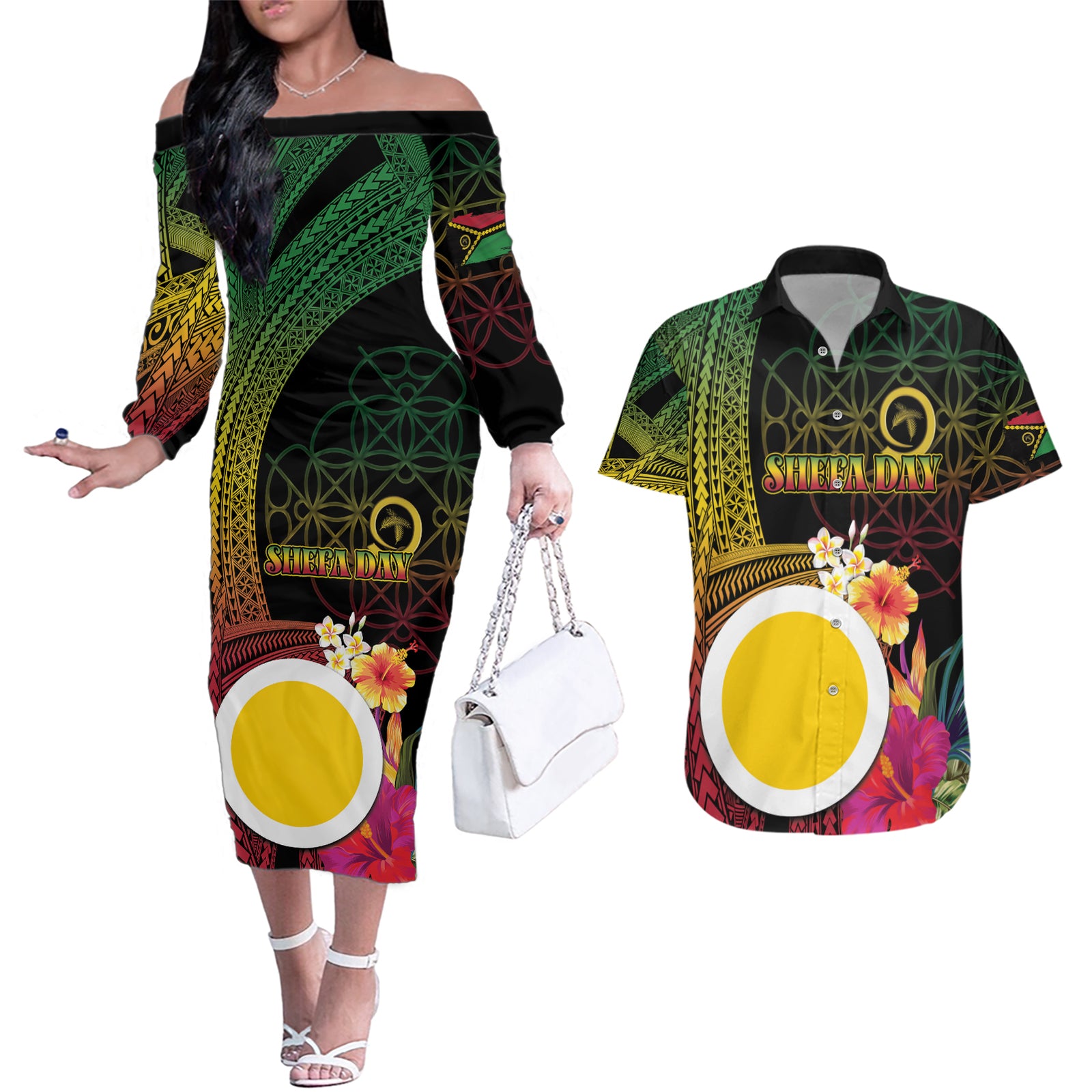 Vanuatu Shefa Day Couples Matching Off The Shoulder Long Sleeve Dress and Hawaiian Shirt Sand Drawing Melanesian LT03 Black - Polynesian Pride