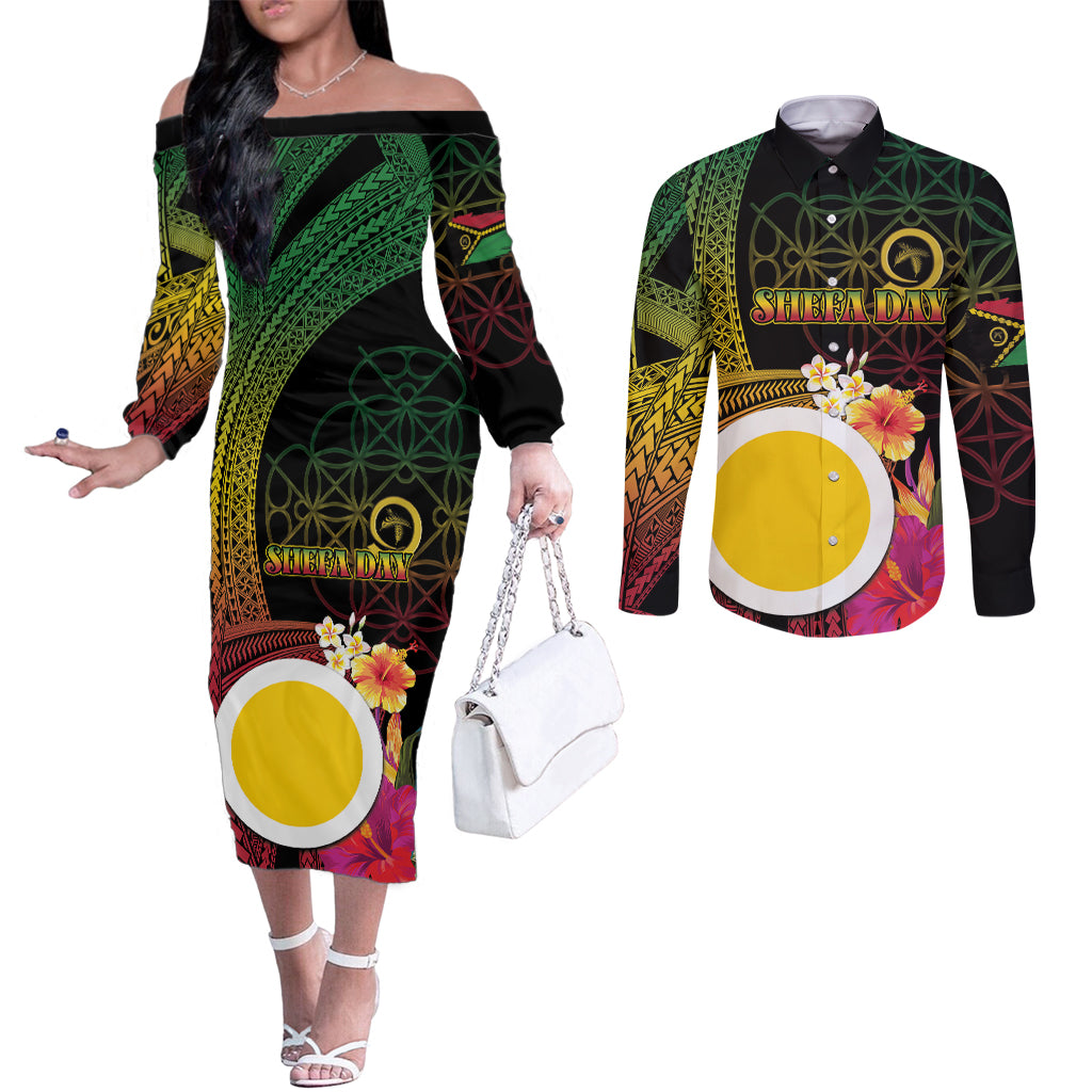 Vanuatu Shefa Day Couples Matching Off The Shoulder Long Sleeve Dress and Long Sleeve Button Shirt Sand Drawing Melanesian LT03 Black - Polynesian Pride