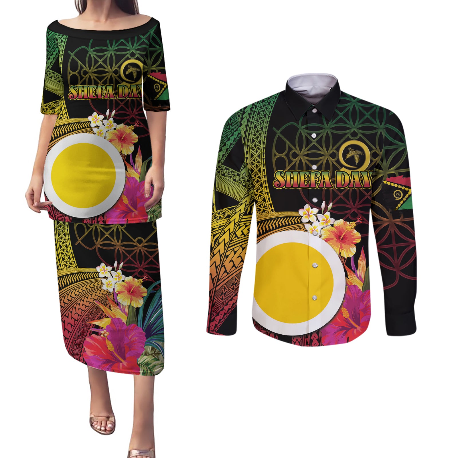 Vanuatu Shefa Day Couples Matching Puletasi and Long Sleeve Button Shirt Sand Drawing Melanesian LT03 Black - Polynesian Pride