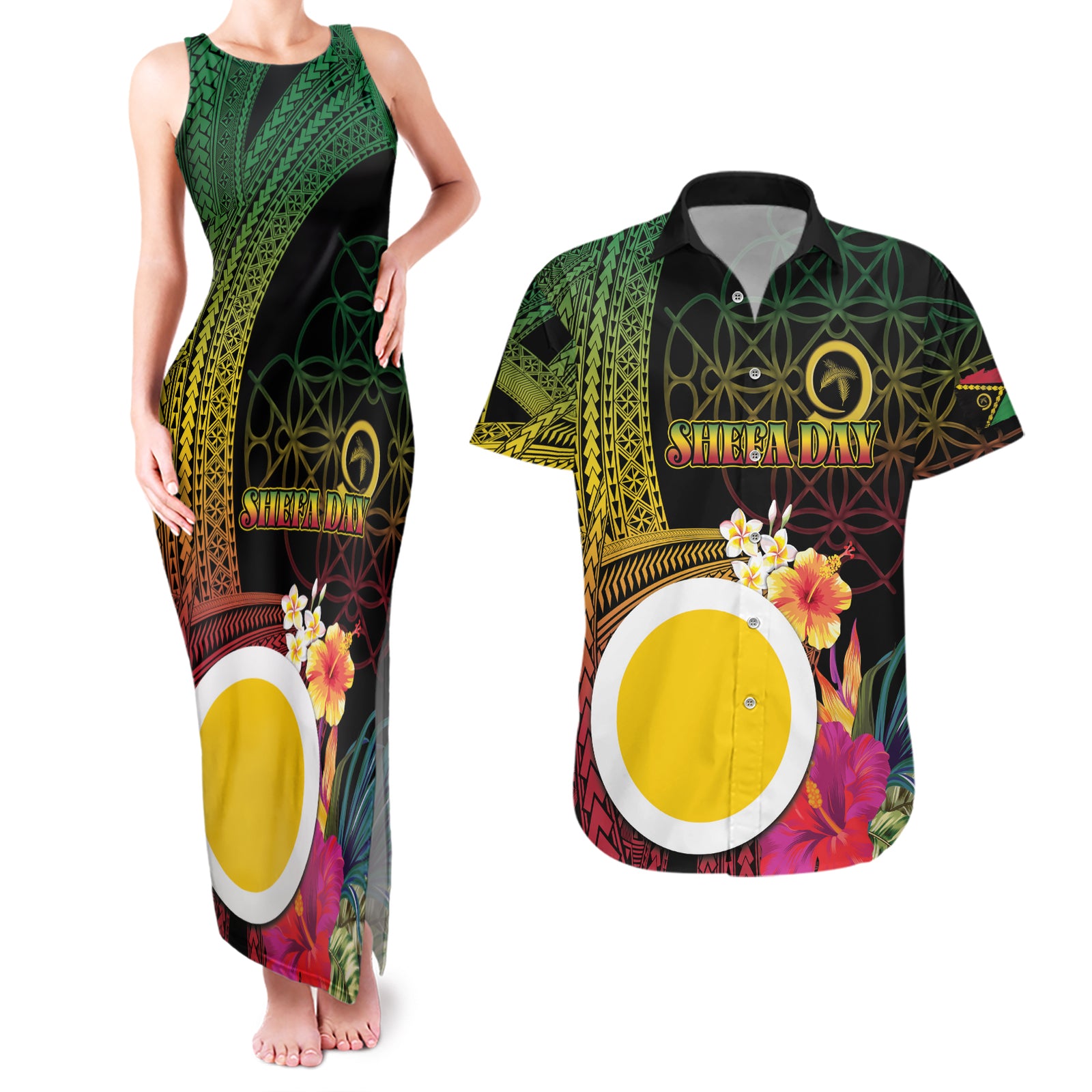 Vanuatu Shefa Day Couples Matching Tank Maxi Dress and Hawaiian Shirt Sand Drawing Melanesian LT03 Black - Polynesian Pride