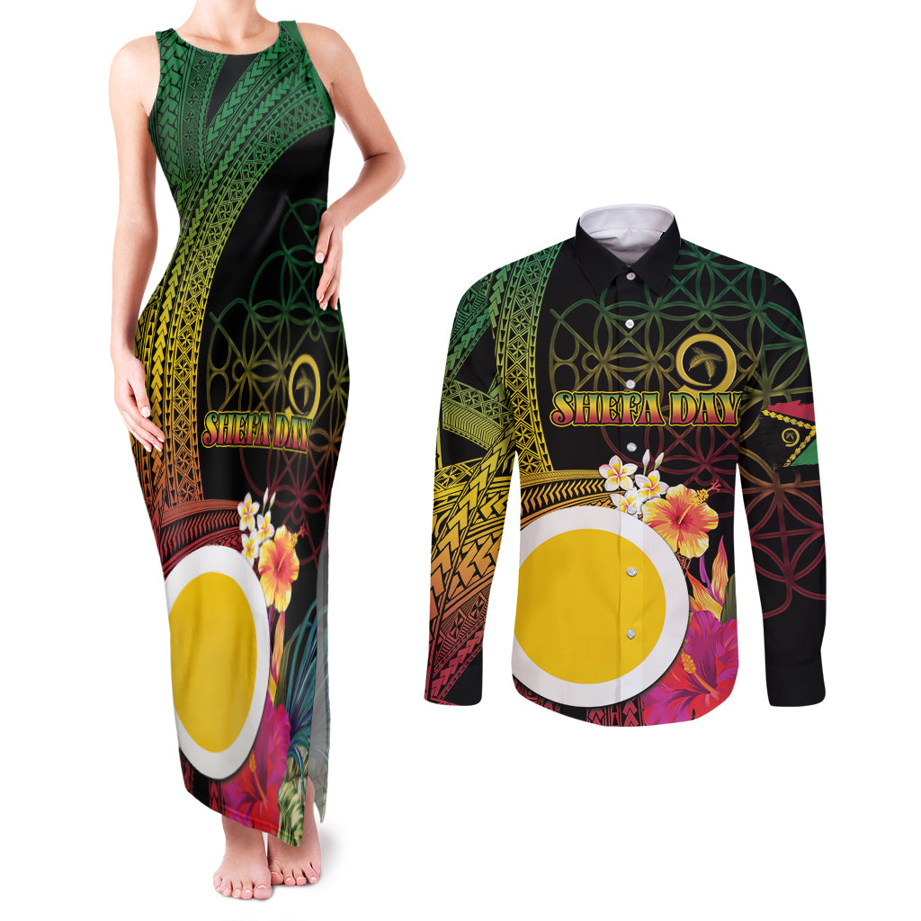Vanuatu Shefa Day Couples Matching Tank Maxi Dress and Long Sleeve Button Shirt Sand Drawing Melanesian LT03 Black - Polynesian Pride