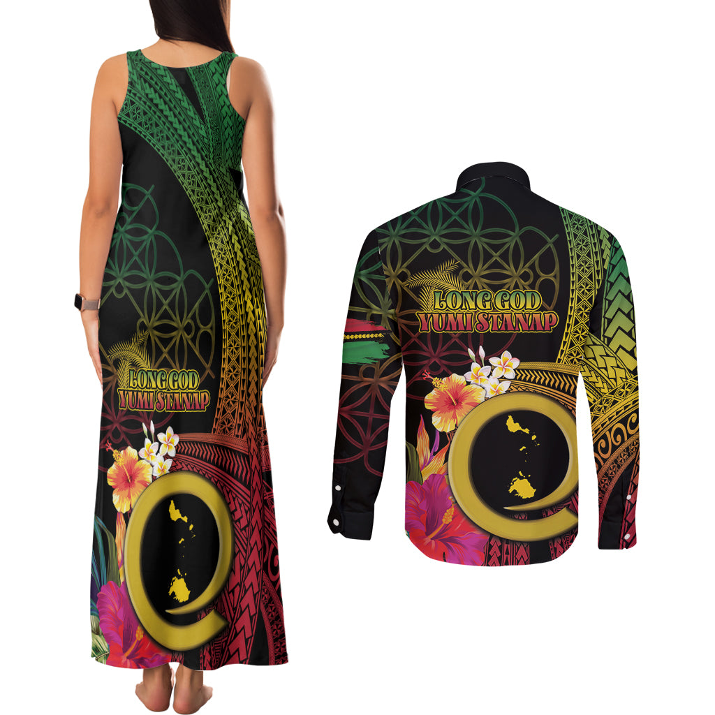 Vanuatu Shefa Day Couples Matching Tank Maxi Dress and Long Sleeve Button Shirt Sand Drawing Melanesian LT03 - Polynesian Pride