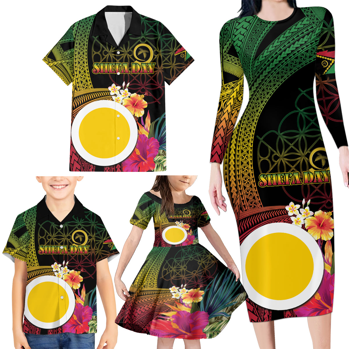 Vanuatu Shefa Day Family Matching Long Sleeve Bodycon Dress and Hawaiian Shirt Sand Drawing Melanesian