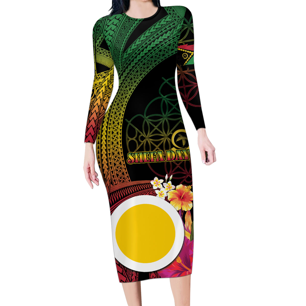 Vanuatu Shefa Day Family Matching Long Sleeve Bodycon Dress and Hawaiian Shirt Sand Drawing Melanesian