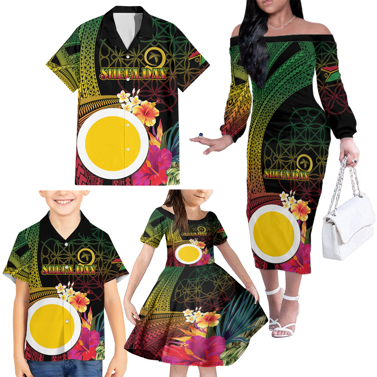 Vanuatu Shefa Day Family Matching Off The Shoulder Long Sleeve Dress and Hawaiian Shirt Sand Drawing Melanesian LT03 - Polynesian Pride