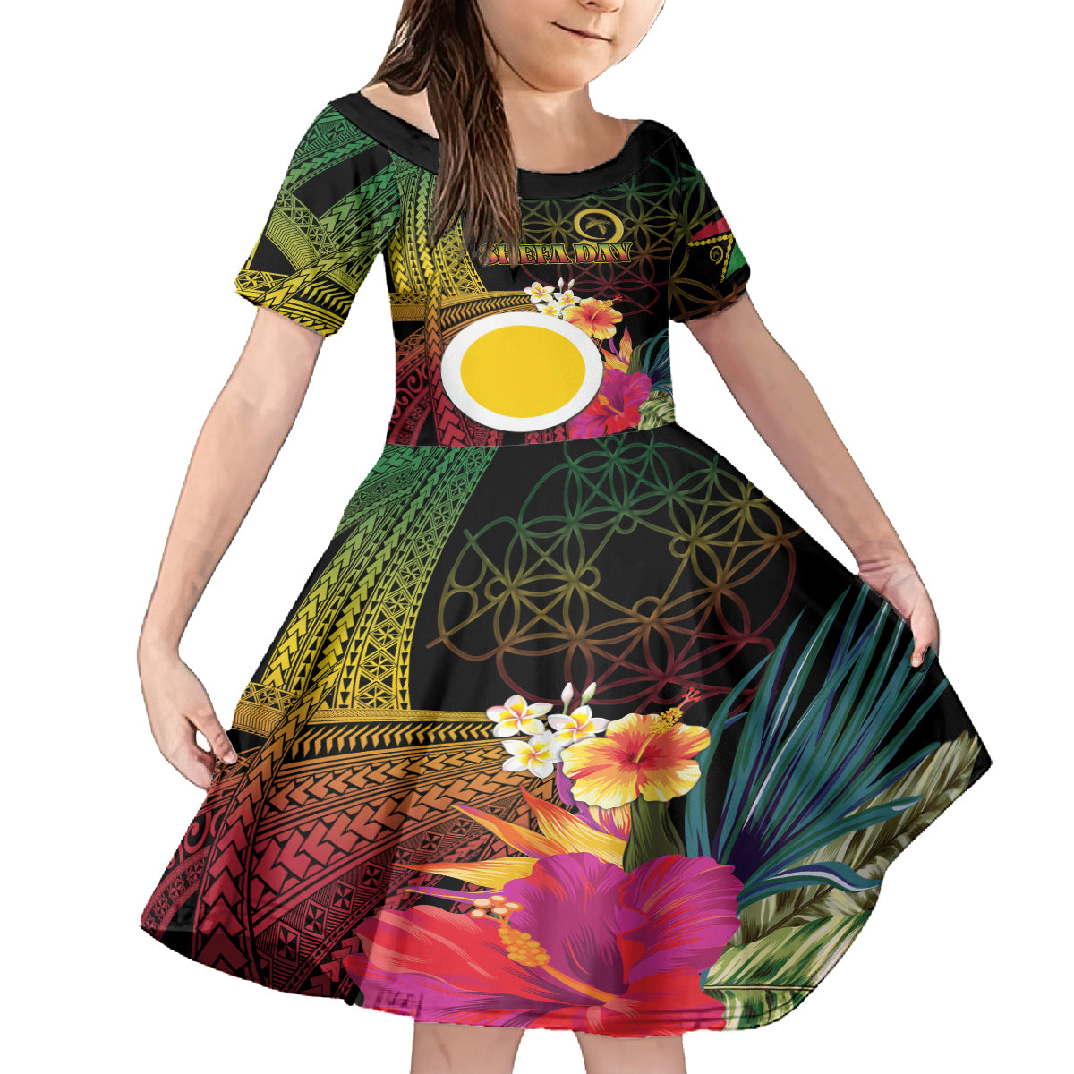 Vanuatu Shefa Day Family Matching Off Shoulder Short Dress and Hawaiian Shirt Sand Drawing Melanesian LT03 Daughter's Dress Black - Polynesian Pride