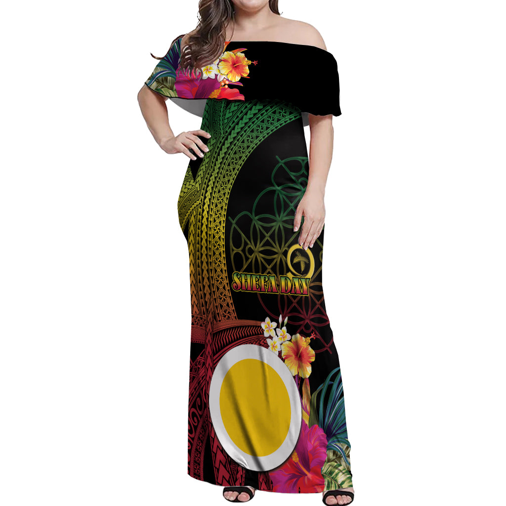 Vanuatu Shefa Day Off Shoulder Maxi Dress Sand Drawing Melanesian LT03 Women Black - Polynesian Pride
