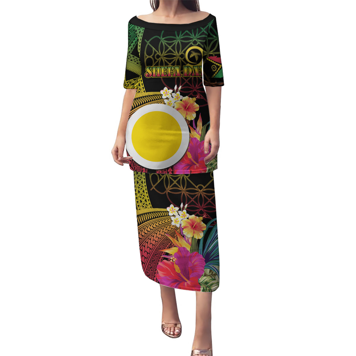 Vanuatu Shefa Day Puletasi Sand Drawing Melanesian LT03 Long Dress Black - Polynesian Pride