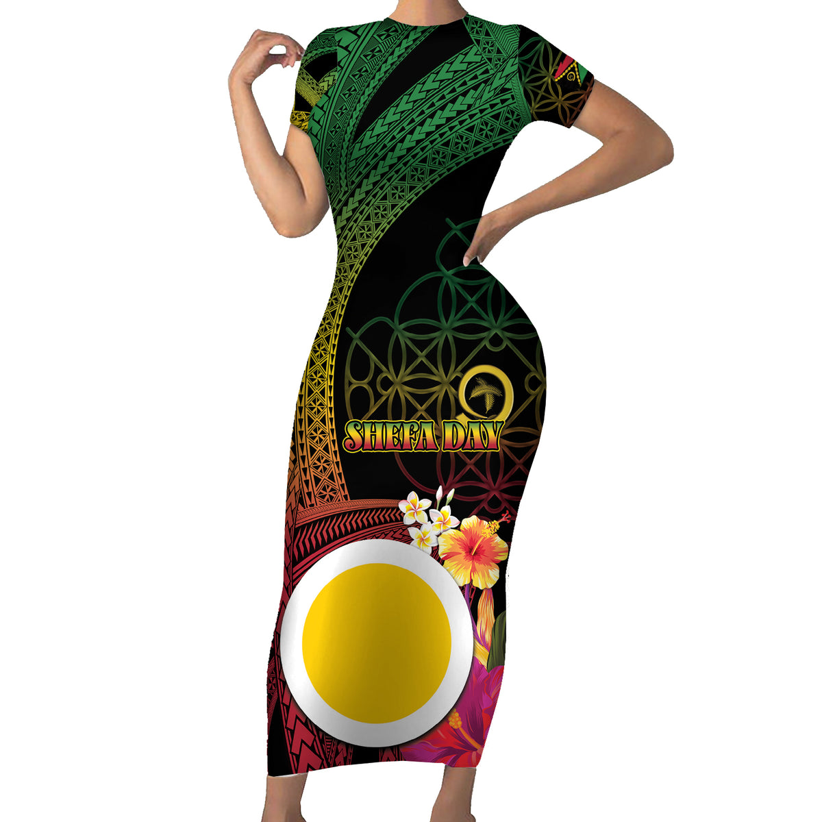 Vanuatu Shefa Day Short Sleeve Bodycon Dress Sand Drawing Melanesian