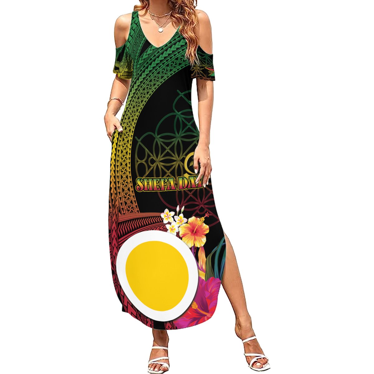 Vanuatu Shefa Day Summer Maxi Dress Sand Drawing Melanesian LT03 Women Black - Polynesian Pride
