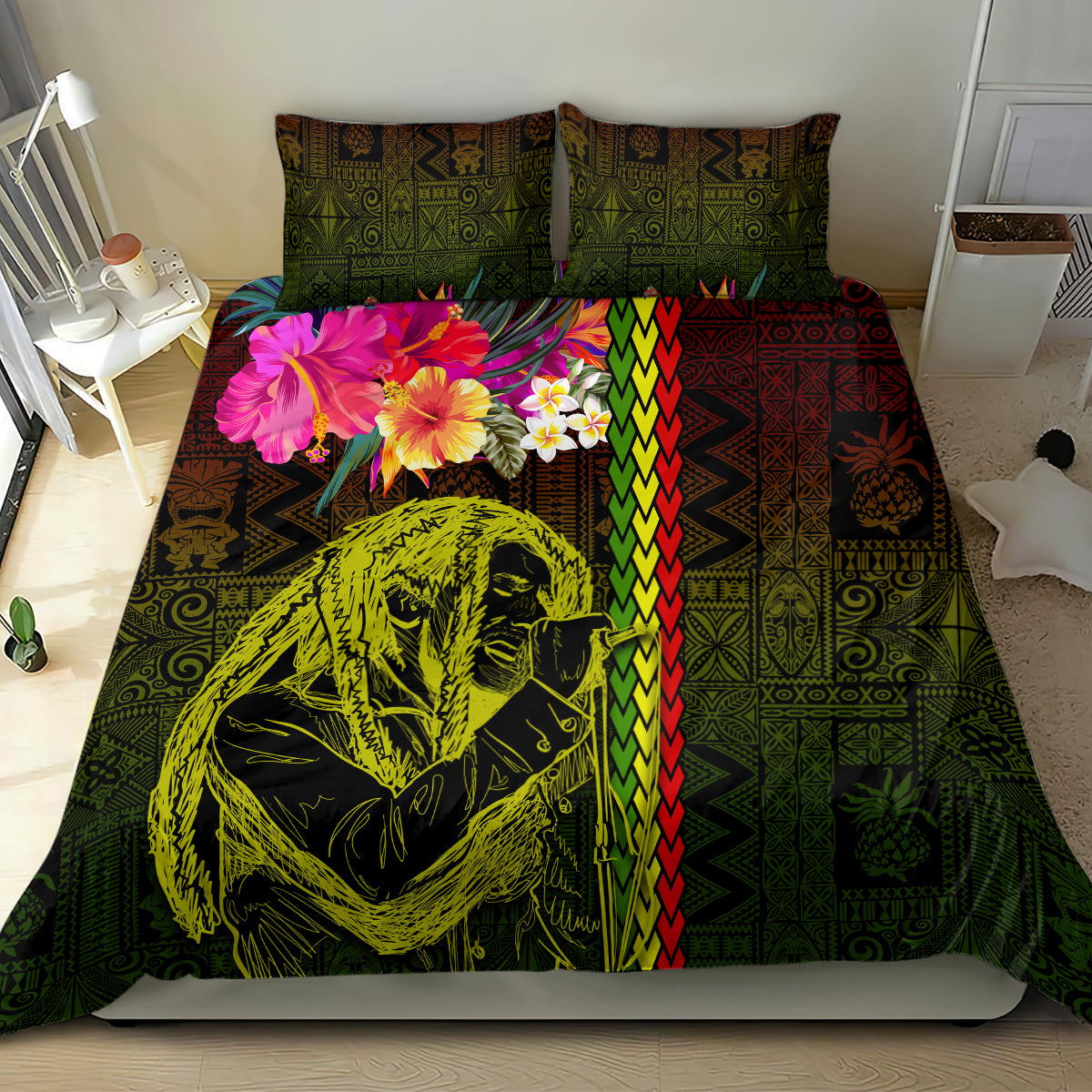Hawaiian Reggae Music Bedding Set Jamaica Singer Tribal Polynesian and Hibiscus