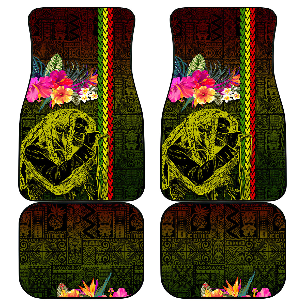 Hawaiian Reggae Music Car Mats Jamaica Singer Tribal Polynesian and Hibiscus