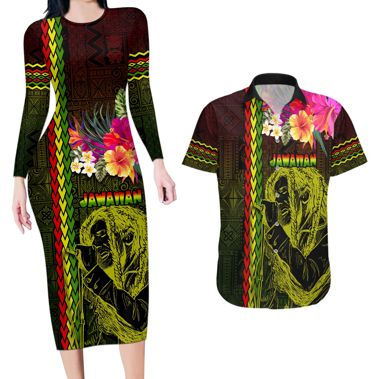 Hawaiian Reggae Music Couples Matching Long Sleeve Bodycon Dress and Hawaiian Shirt Jamaica Singer Tribal Polynesian and Hibiscus