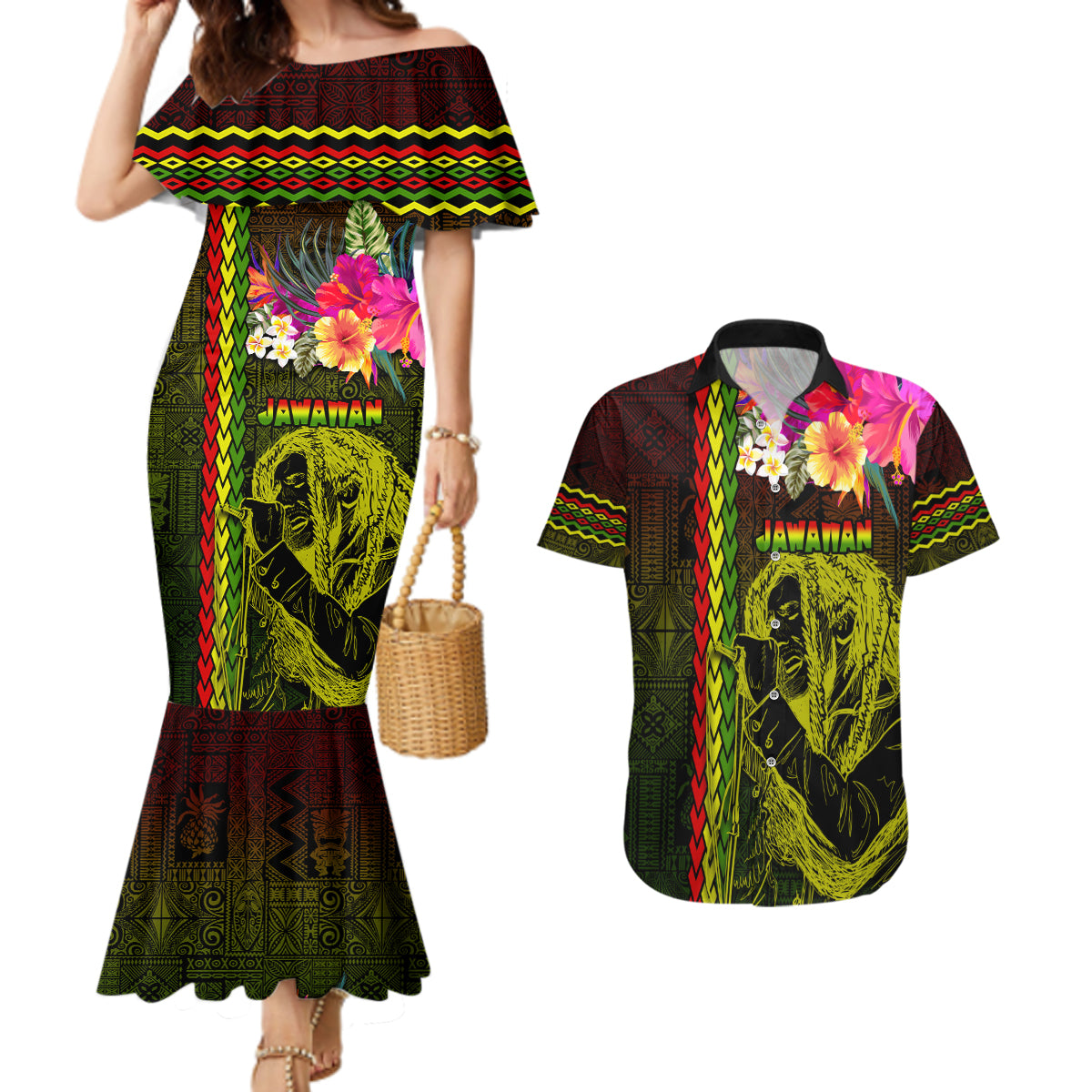 Hawaiian Reggae Music Couples Matching Mermaid Dress and Hawaiian Shirt Jamaica Singer Tribal Polynesian and Hibiscus