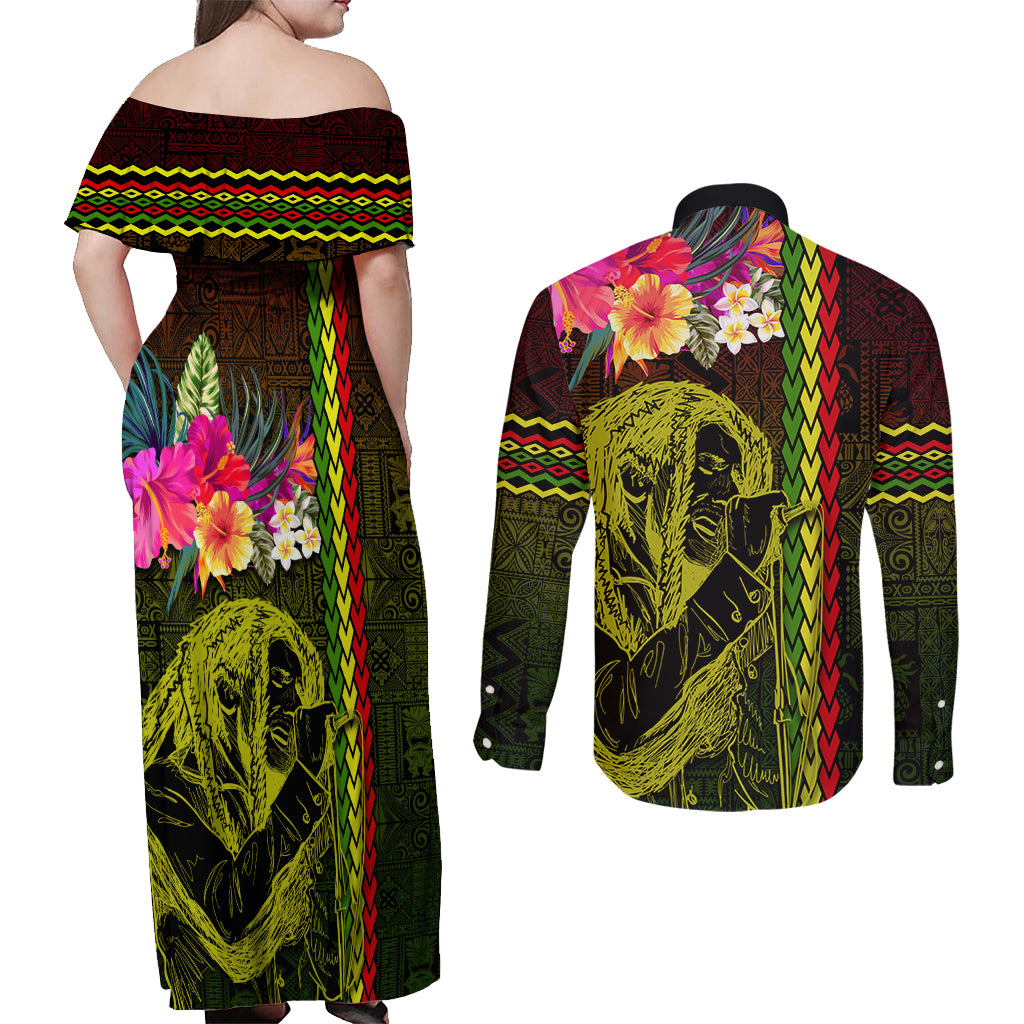 Hawaiian Reggae Music Couples Matching Off Shoulder Maxi Dress and Long Sleeve Button Shirt Jamaica Singer Tribal Polynesian and Hibiscus