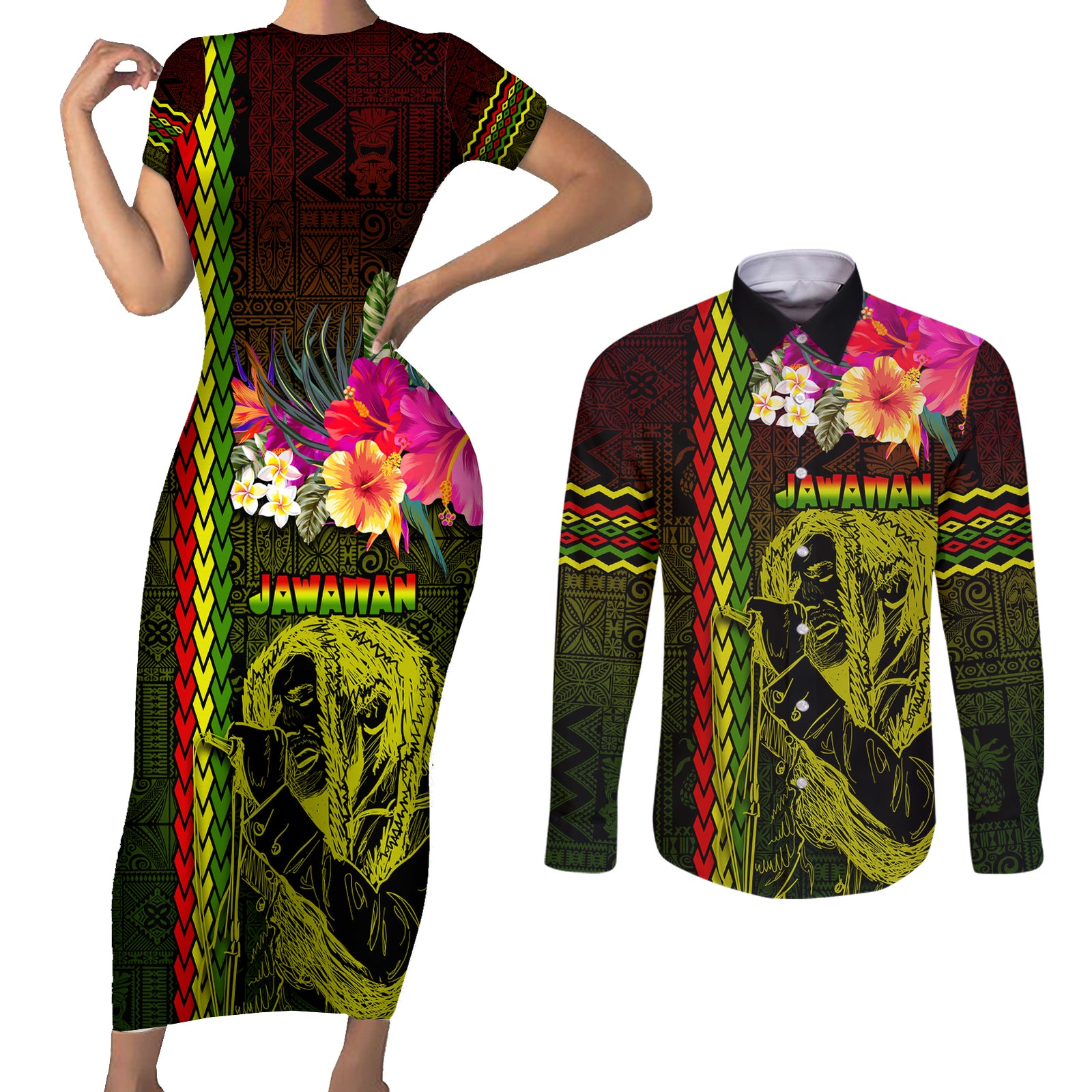 Hawaiian Reggae Music Couples Matching Short Sleeve Bodycon Dress and Long Sleeve Button Shirt Jamaica Singer Tribal Polynesian and Hibiscus