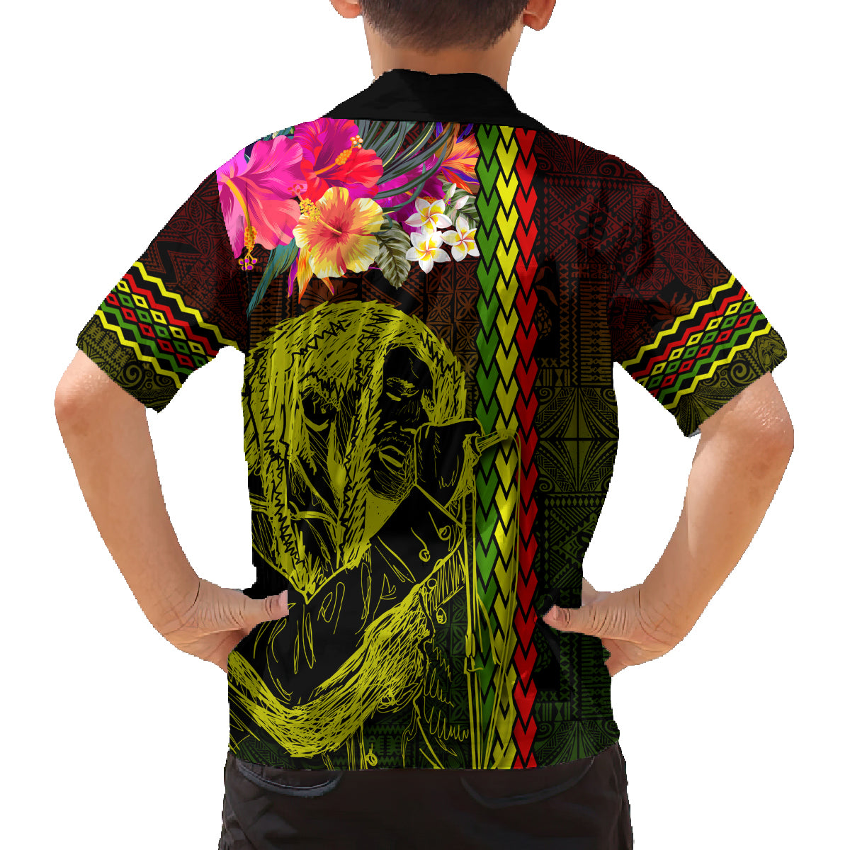 Hawaiian Reggae Music Family Matching Long Sleeve Bodycon Dress and Hawaiian Shirt Jamaica Singer Tribal Polynesian and Hibiscus