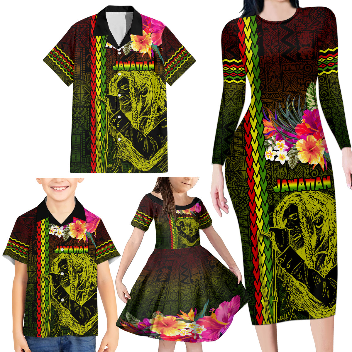 Hawaiian Reggae Music Family Matching Long Sleeve Bodycon Dress and Hawaiian Shirt Jamaica Singer Tribal Polynesian and Hibiscus