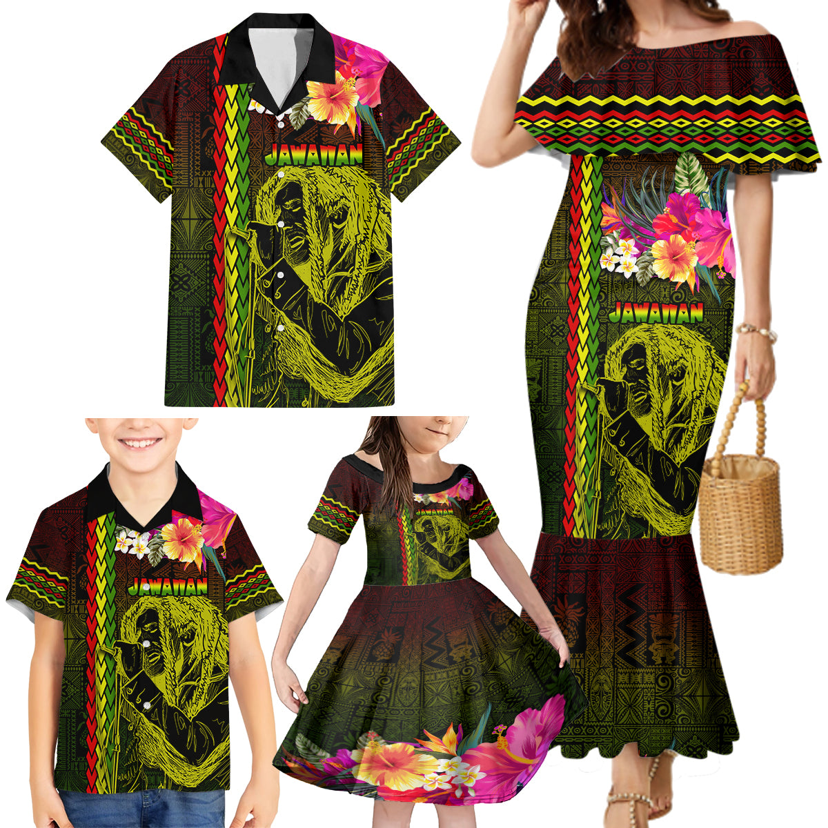 Hawaiian Reggae Music Family Matching Mermaid Dress and Hawaiian Shirt Jamaica Singer Tribal Polynesian and Hibiscus