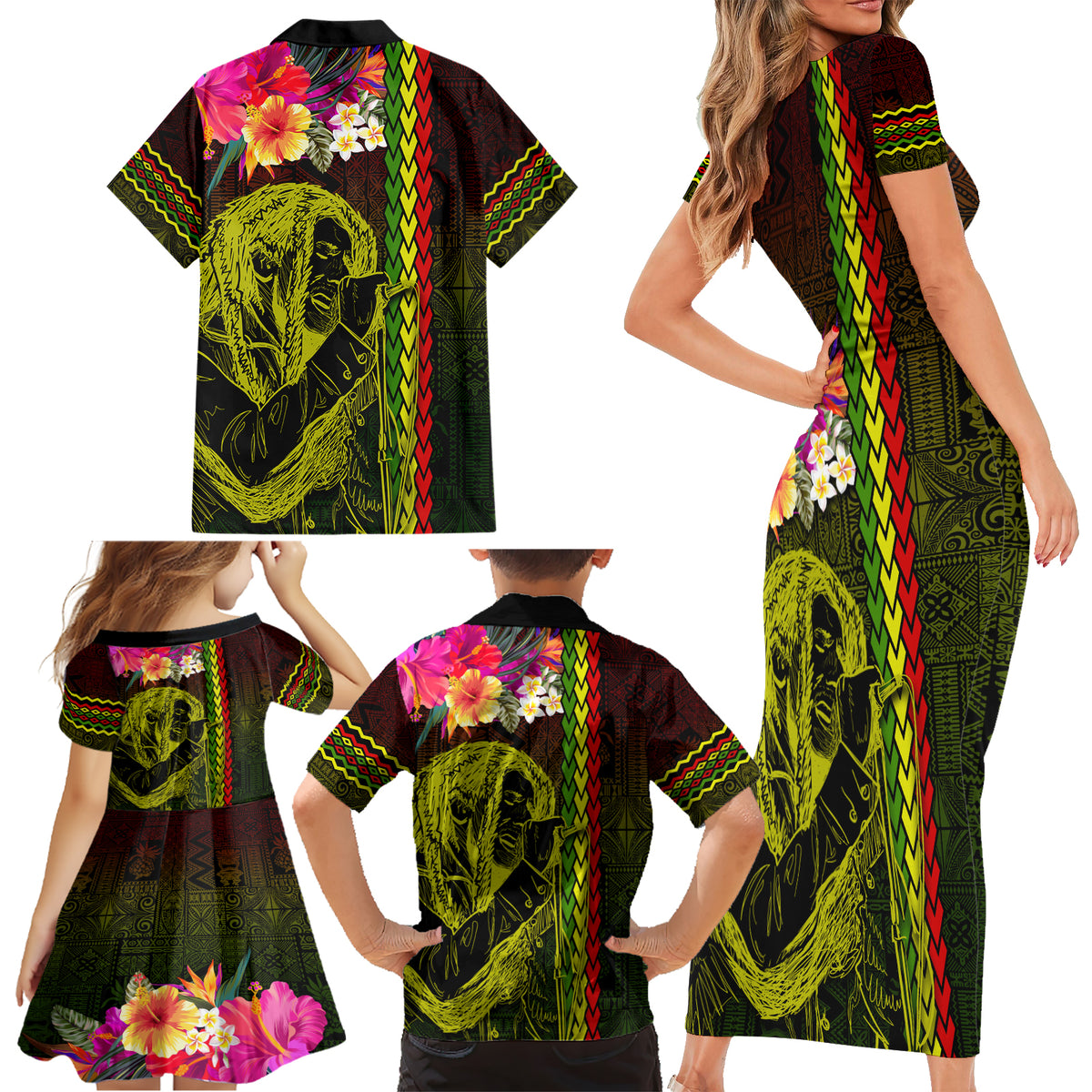 Hawaiian Reggae Music Family Matching Short Sleeve Bodycon Dress and Hawaiian Shirt Jamaica Singer Tribal Polynesian and Hibiscus