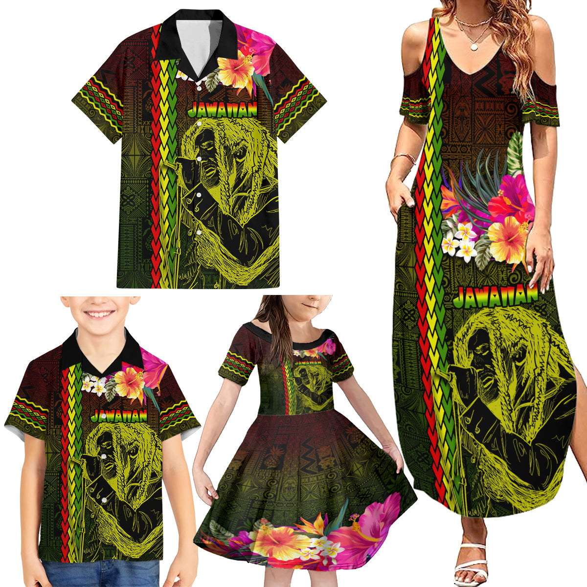 Hawaiian Reggae Music Family Matching Summer Maxi Dress and Hawaiian Shirt Jamaica Singer Tribal Polynesian and Hibiscus