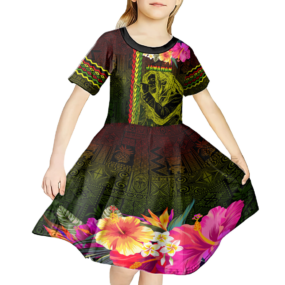 Hawaiian Reggae Music Kid Short Sleeve Dress Jamaica Singer Tribal Polynesian and Hibiscus
