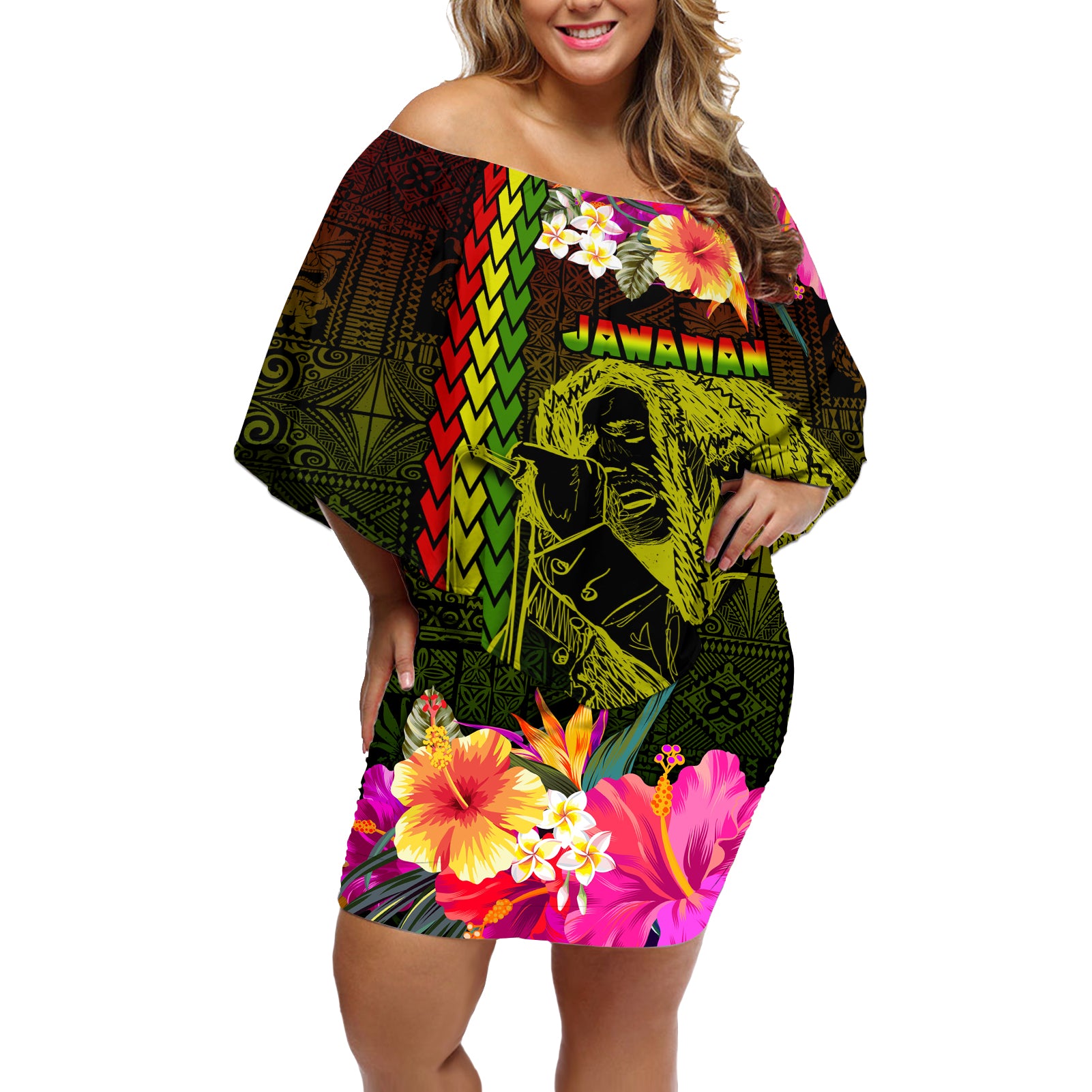 Hawaiian Reggae Music Off Shoulder Short Dress Jamaica Singer Tribal Polynesian and Hibiscus