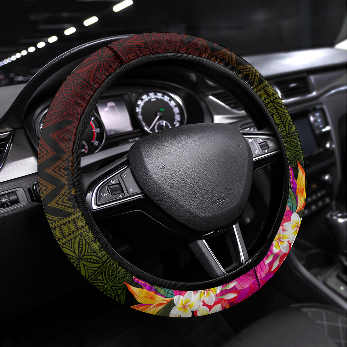 Hawaiian Reggae Music Steering Wheel Cover Jamaica Singer Tribal Polynesian and Hibiscus