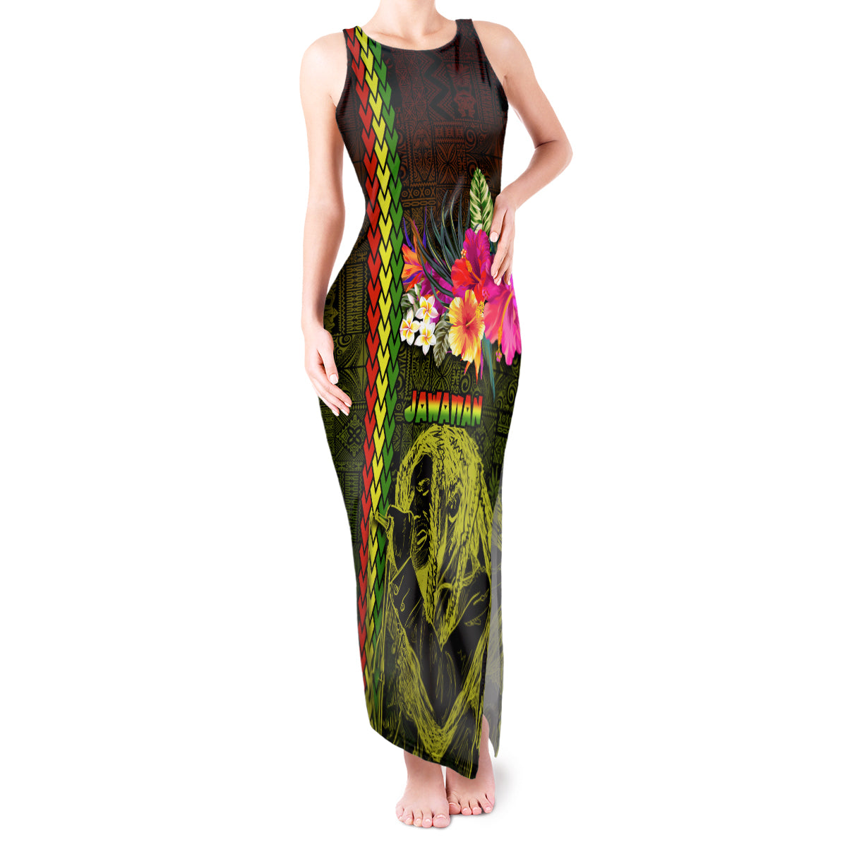 Hawaiian Reggae Music Tank Maxi Dress Jamaica Singer Tribal Polynesian and Hibiscus