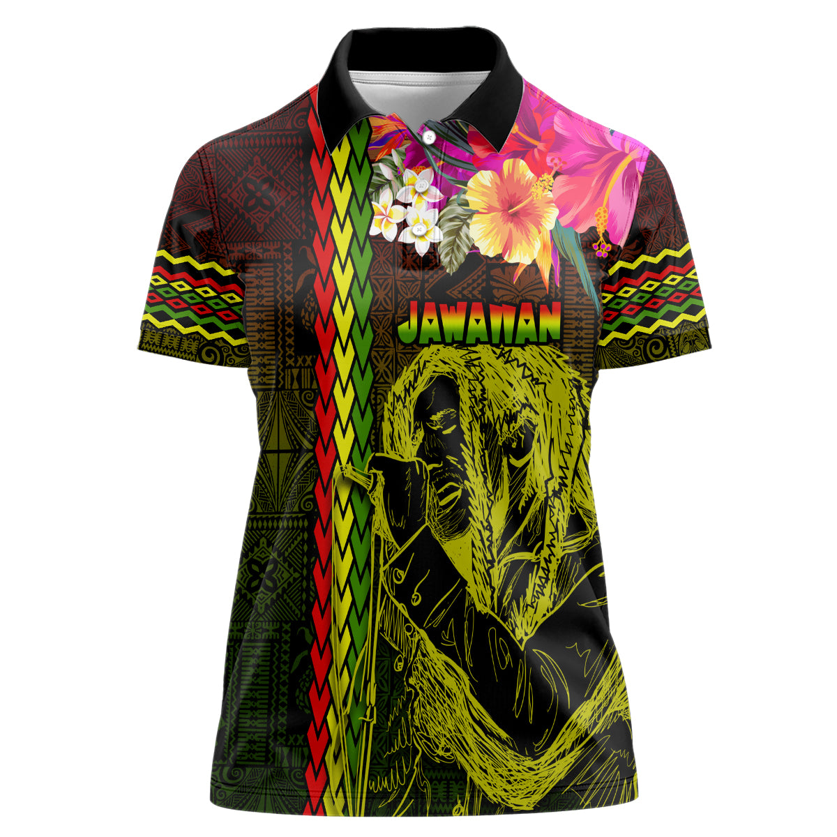 Hawaiian Reggae Music Women Polo Shirt Jamaica Singer Tribal Polynesian and Hibiscus