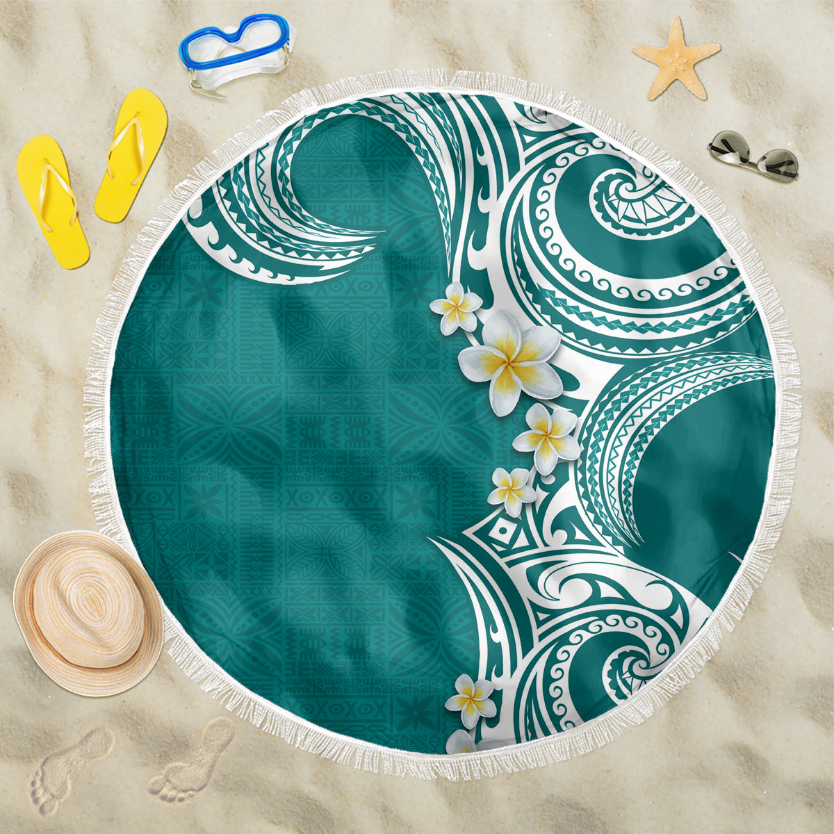 Aloha Polynesian Plumeria Flower Beach Blanket Teal Color LT03 One Size 150cm Teal - Polynesian Pride