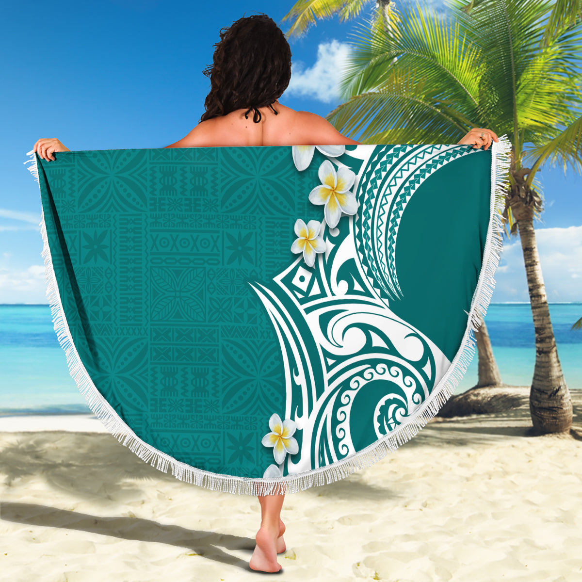 Aloha Polynesian Plumeria Flower Beach Blanket Teal Color LT03 - Polynesian Pride